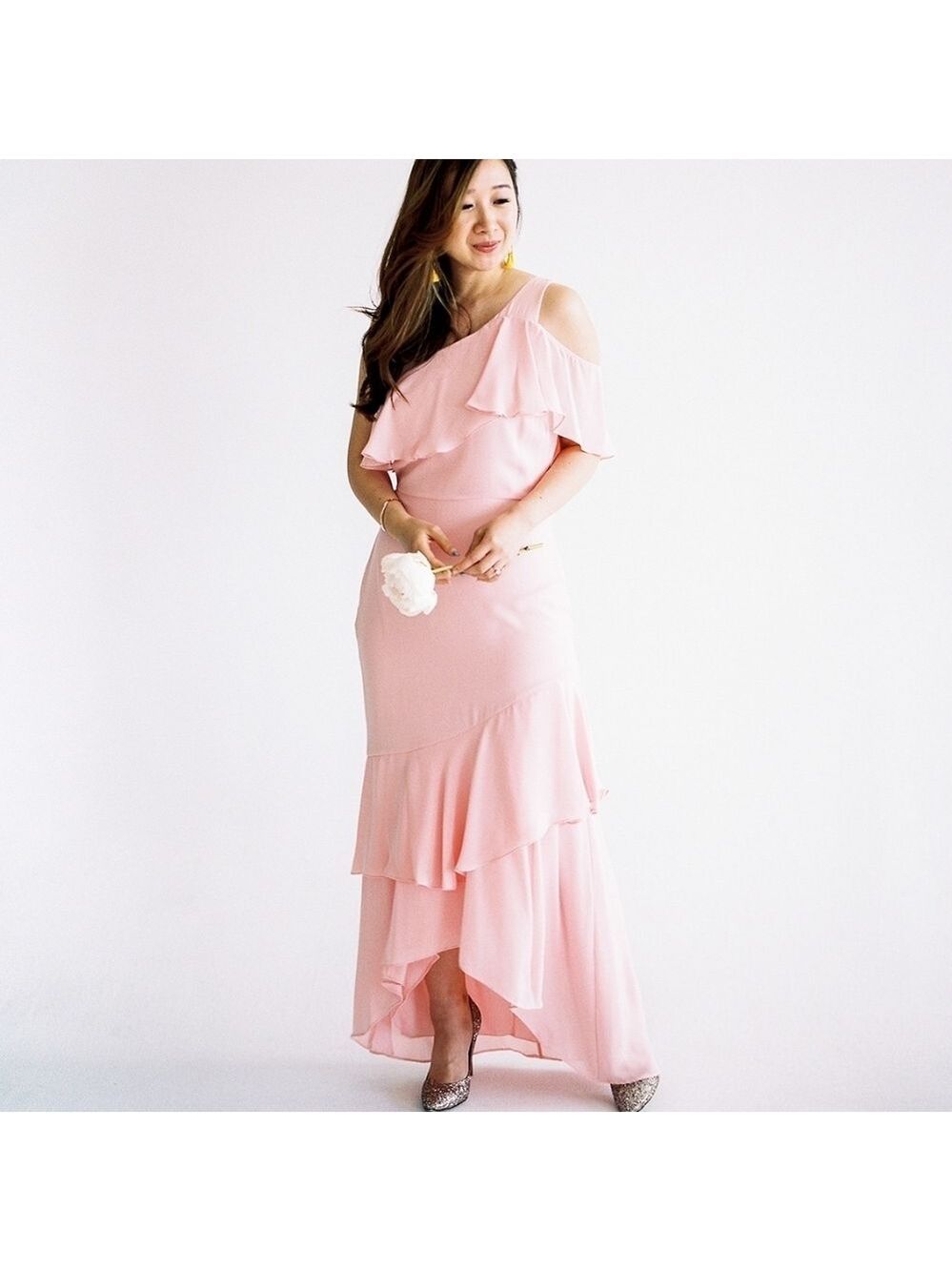 Parker Black Pink Tiered Ruffle Hi Lo Hem One Shoulder Gown Formal Dress Size 6
